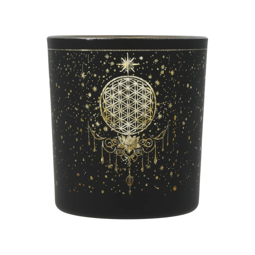 Kerzenhalter „Mystical Flower of Life“ – gefrostet & metallic (Glas)