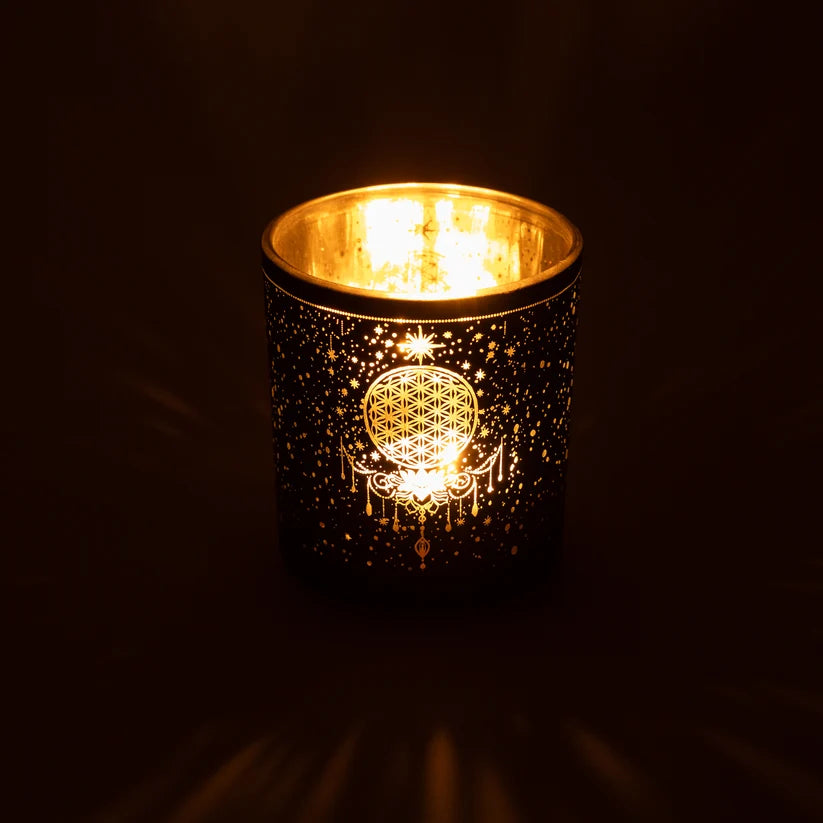 Kerzenhalter „Mystical Flower of Life“ – gefrostet & metallic (Glas)