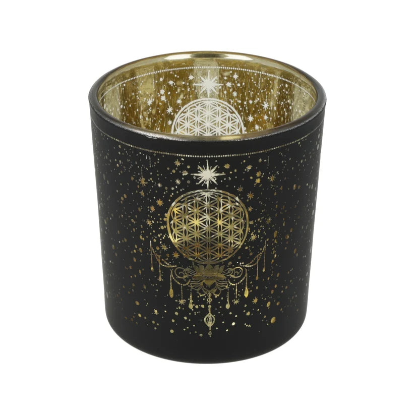 Kerzenhalter „Mystical Flower of Life“ – gefrostet & metallic (Glas)