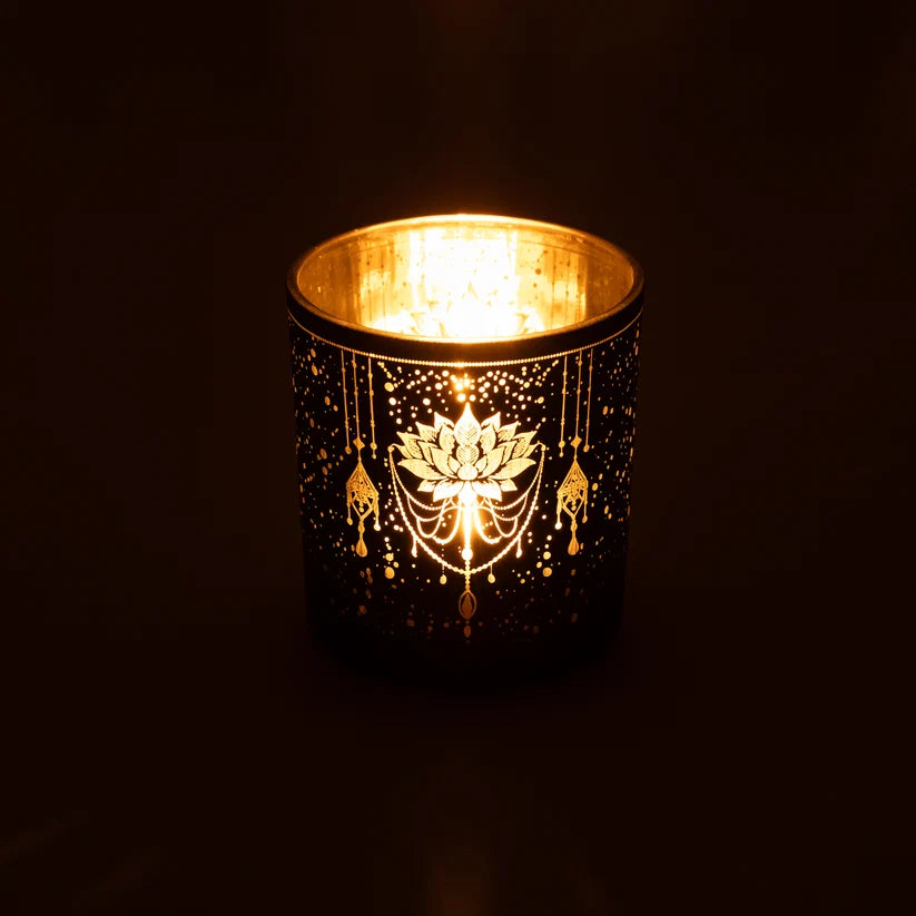 Kerzenhalter „Mystical Lotus“ – gefrostet & metallic (Glas)