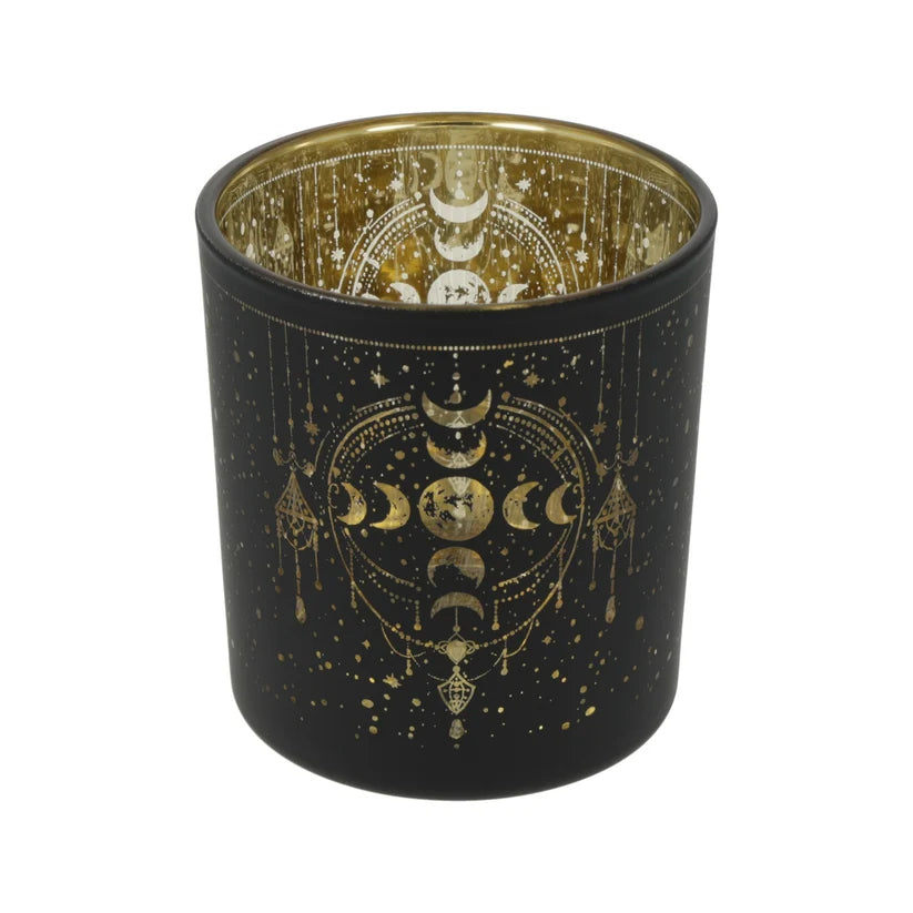 Kerzenhalter „Mystical Moon Phases“ – gefrostet & metallic (Glas)