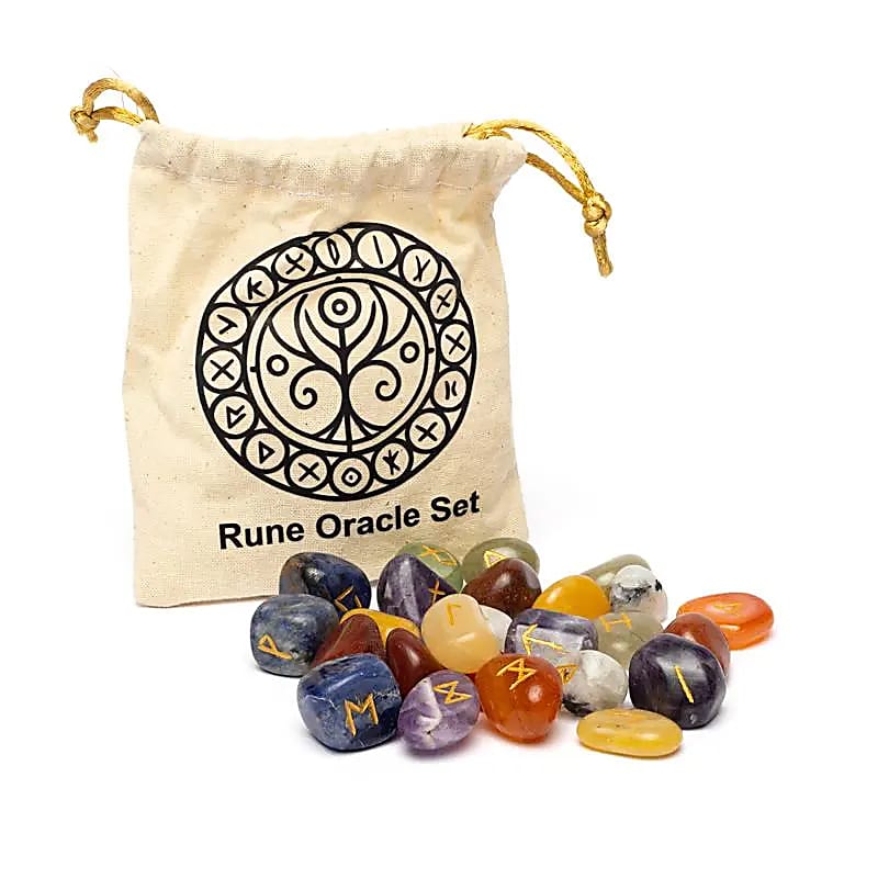 Runen-Orakelset – 7 Chakra-Edelsteine im Baumwollbeutel - 192g