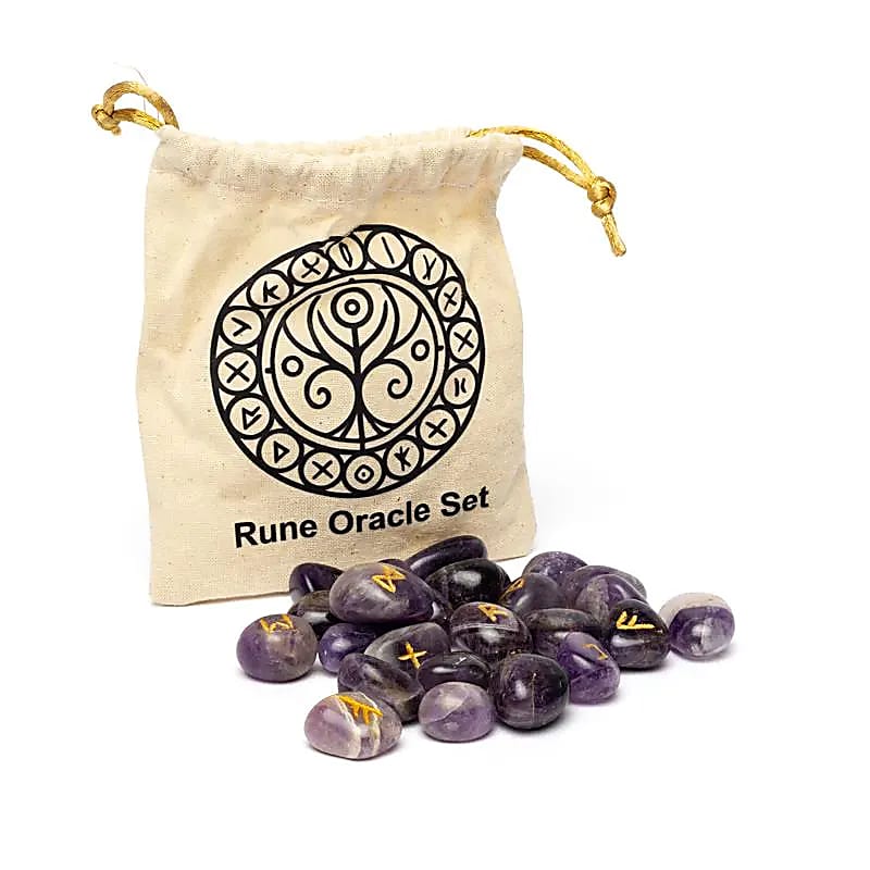 ᚠ Runen-Orakelset – Amethyst im Baumwollbeutel