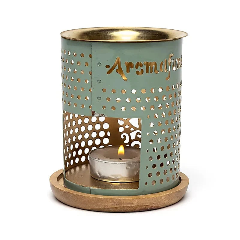 Aromafume Duftlampe Khamsa – Aromabrenner für ätherische Öle mit Kupferschale und Holzuntersetzer