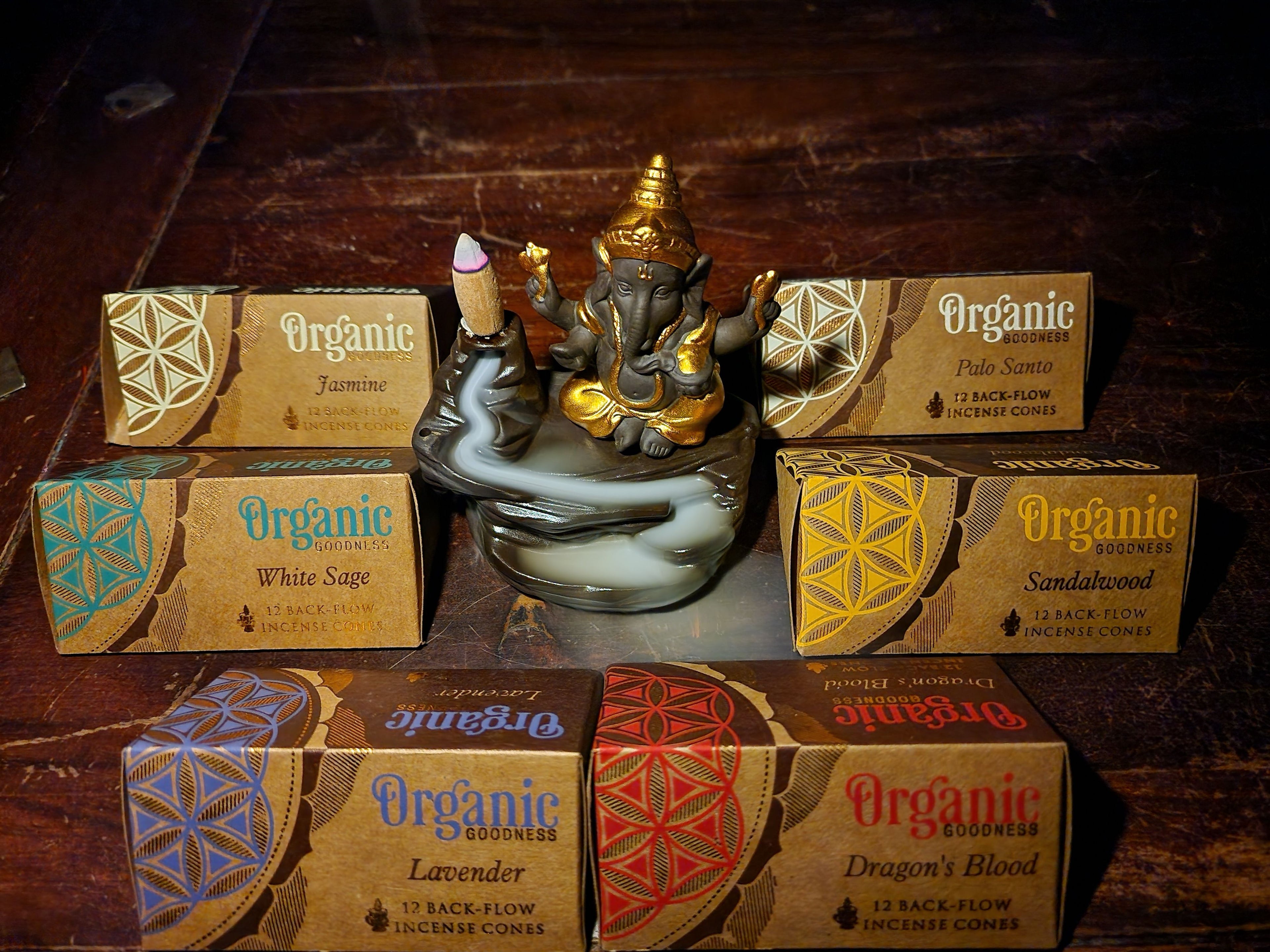 Rückfluss Weihrauchbrenner Ganesha inkl. 6 Sorten Räucherkegel