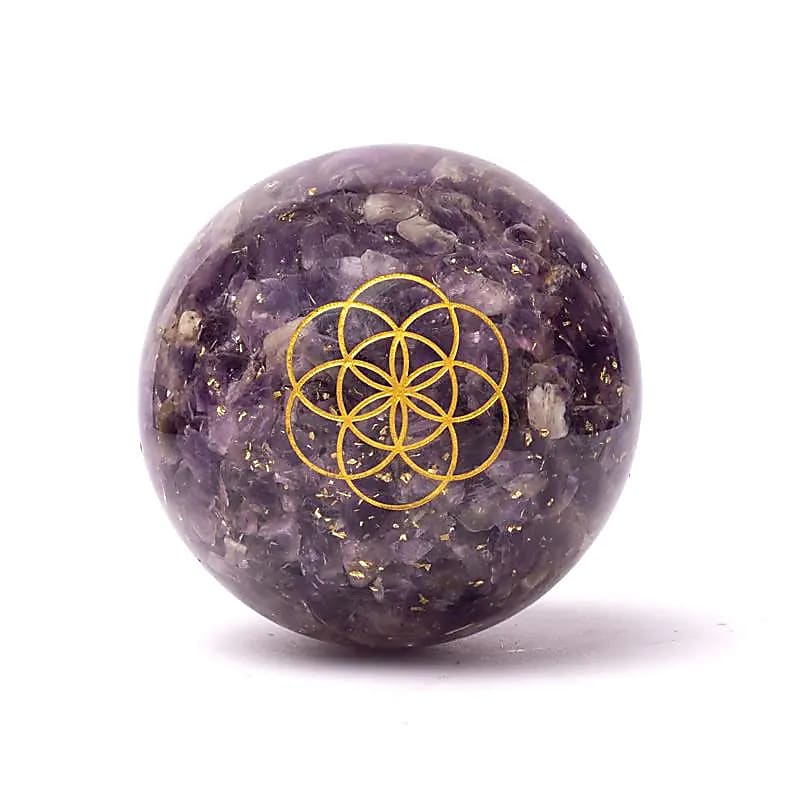 Orgonit Kugel Amethyst mit Blume des Lebens -- ±5,5cm