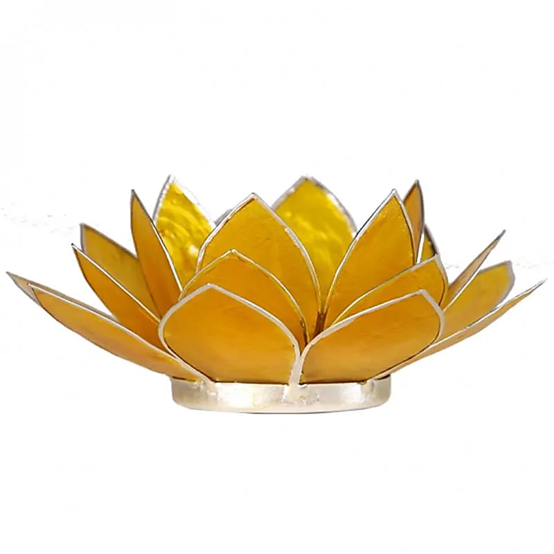 Lotus Teelichthalter gelb 3. Chakra silberfarbig -- 13.5 cm