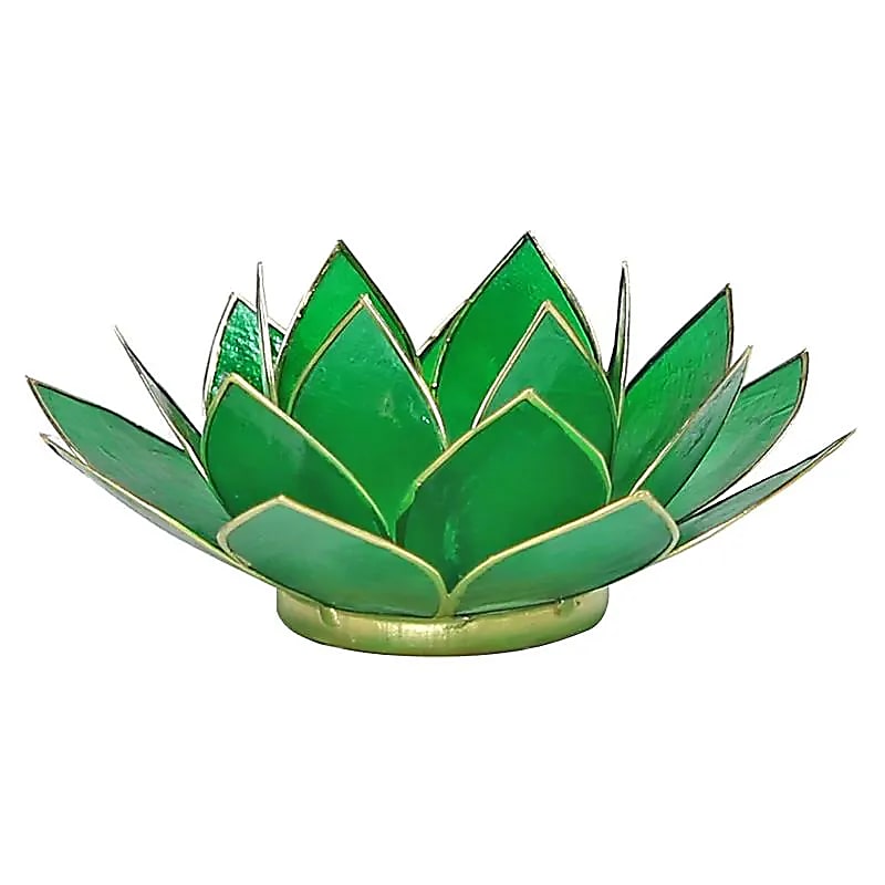 Lotus Teelichthalter grün 4. Chakra goldfarbig -- 13.5 cm