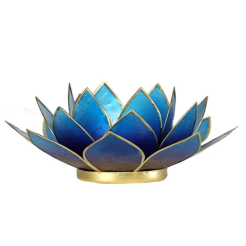 Lotus Teelichthalter blau goldfarbig -- 13.5 cm