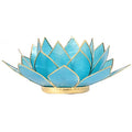 Lotus Teelichthalter blau 5. Chakra goldfarbig -- 13.5 cm