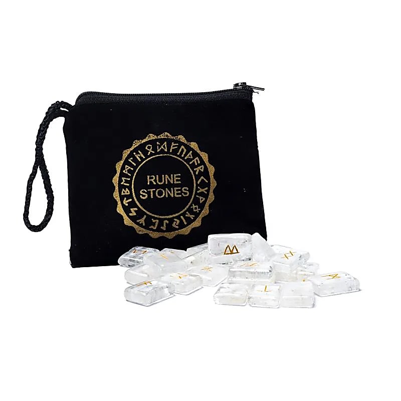 Rock Crystal Rune Oracle Set in Velvet Pouch -- 2x1.5cm