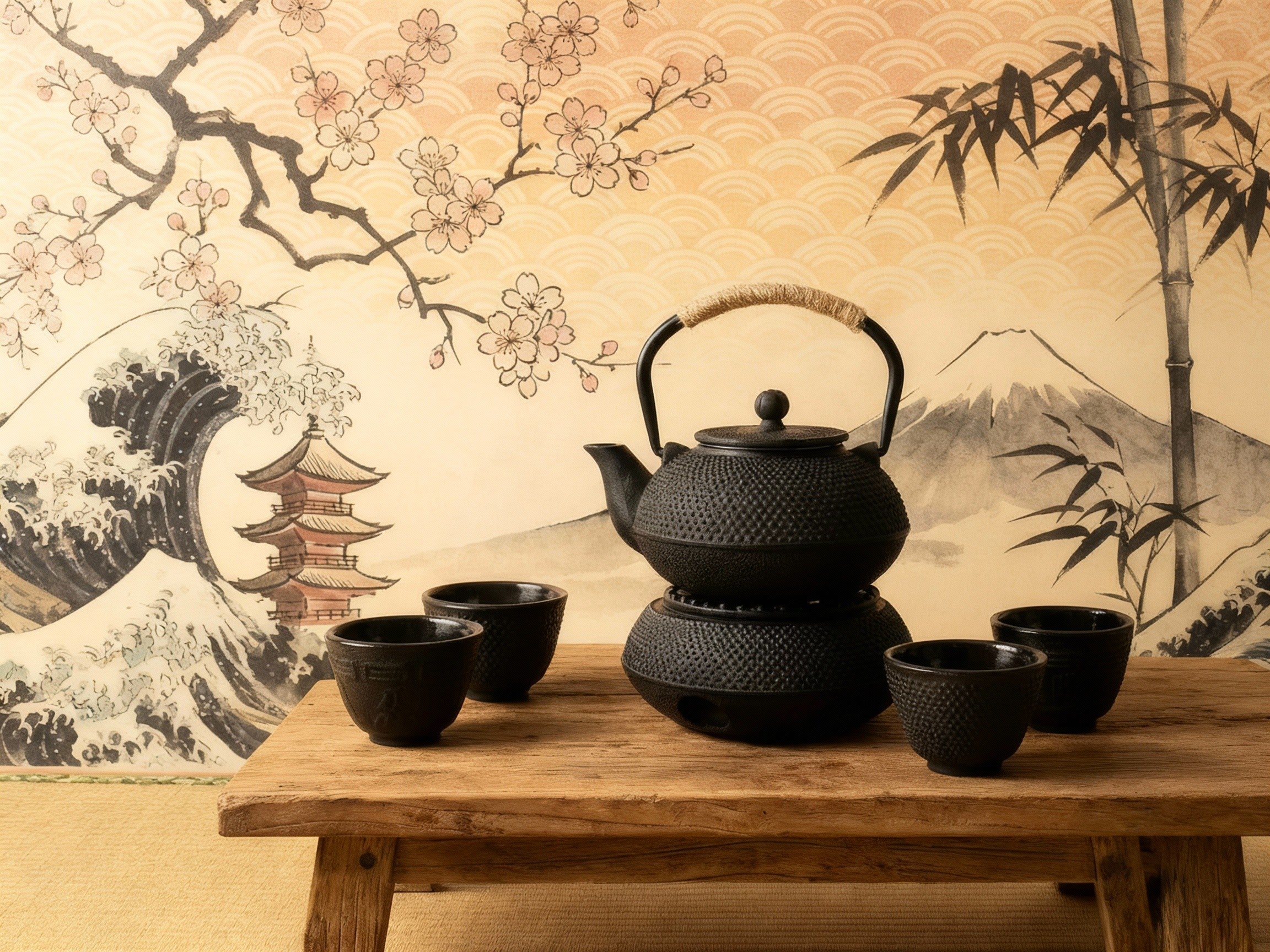 Teetassenset mit 4 Tassen, Teewärmer & Teekanne emailliert japanischer Stil - - Geschenkset