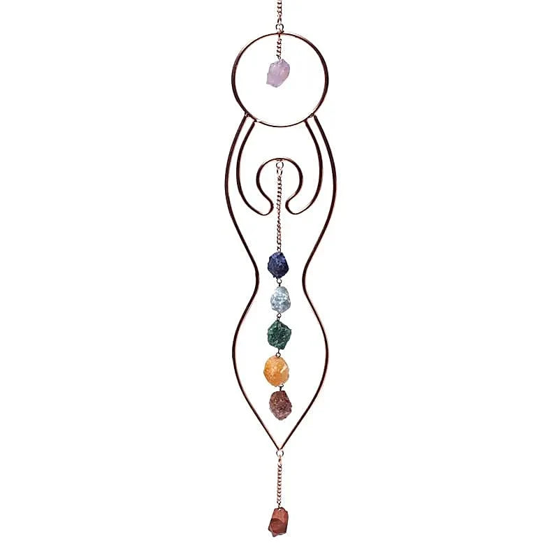 Fensterhänger Mondgöttin mit 7 Chakra-Edelsteinen – Kupferfarbener Sonnenfänger, 47 cm
