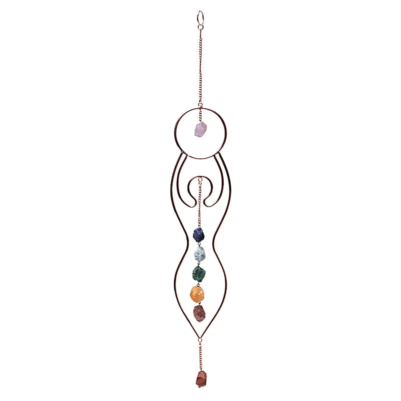 Fensterhänger Mondgöttin mit 7 Chakra-Edelsteinen – Kupferfarbener Sonnenfänger, 47 cm