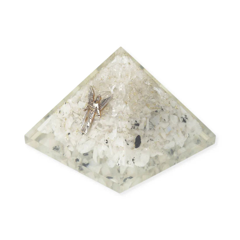 Orgonit‑Pyramide Regenbogen‑Mondstein & Bergkristall mit Engel Gabriel