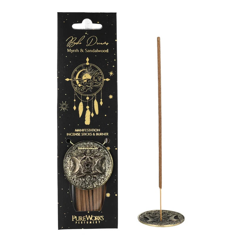 Räucherstäbchen‑Set „Boho Dreams“ – Myrrhe & Sandelholz + Metallhalter