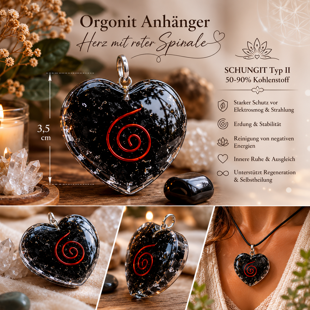 Orgonit‑Anhänger aus Schungit – Herzsymbol · Erdung & Klarheit