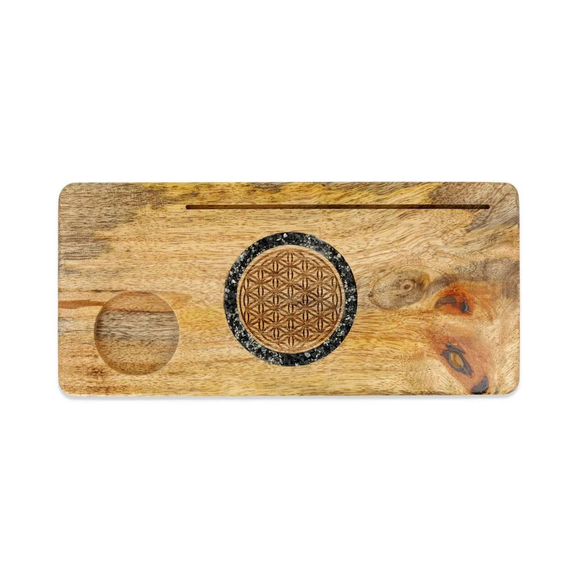 Kartenhalter Blume des Lebens mit Turmalin & Pyrit – Mangoholz mit Teelichthalter, 21,5 cm