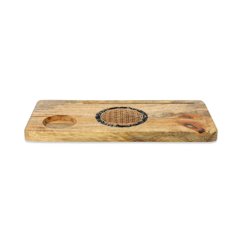Kartenhalter Blume des Lebens mit Turmalin & Pyrit – Mangoholz mit Teelichthalter, 21,5 cm
