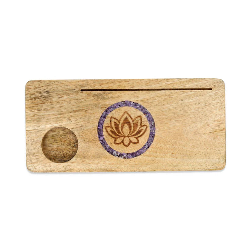 Kartenhalter „Lotus & Amethyst“ – Mangoholz & Edelsteinsplitter
