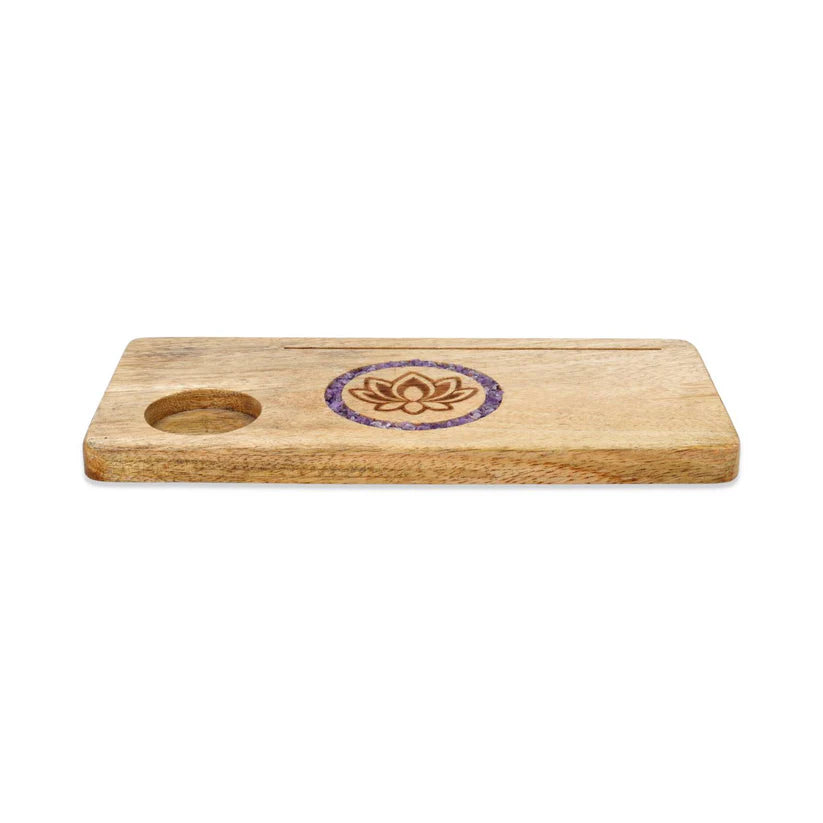 Kartenhalter „Lotus & Amethyst“ – Mangoholz & Edelsteinsplitter