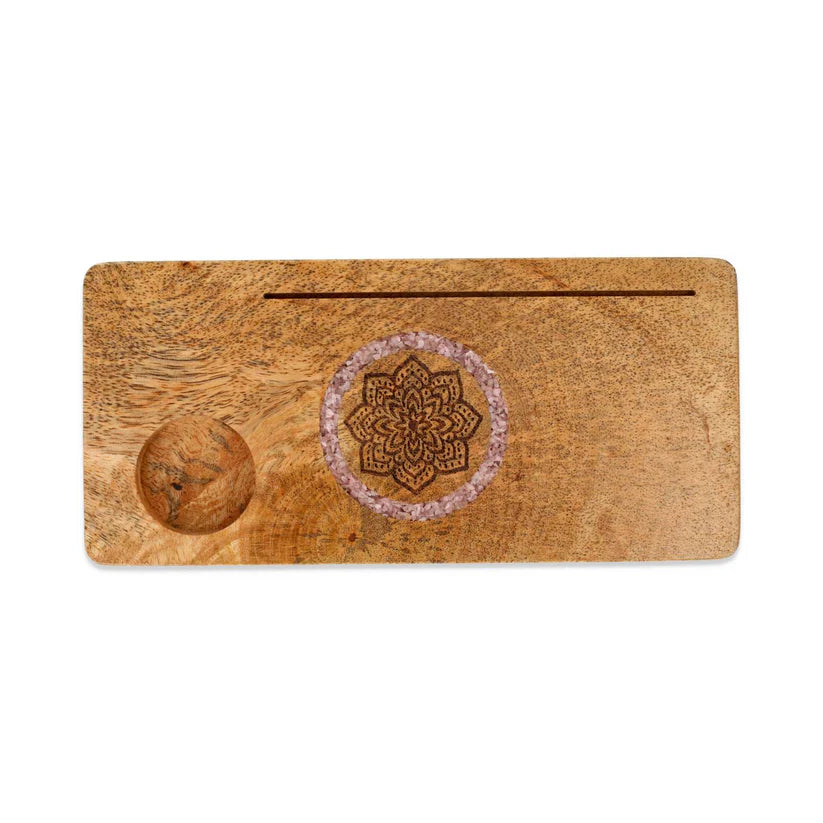 Kartenhalter „Mandala & Rosenquarz“ – Mangoholz & Edelsteinsplitter