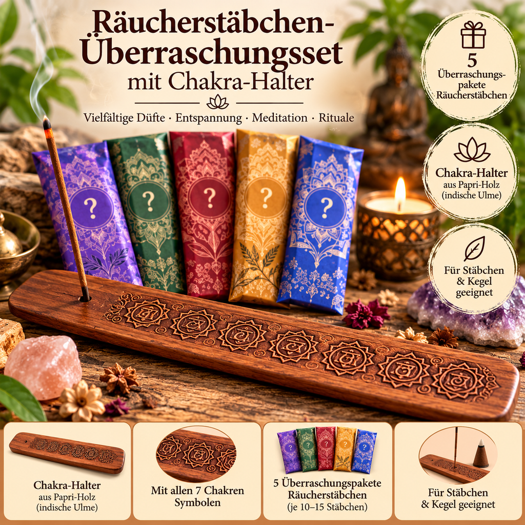 Räucherstäbchen Überraschungsset mit Chakra-Halter – 5 Duftsorten