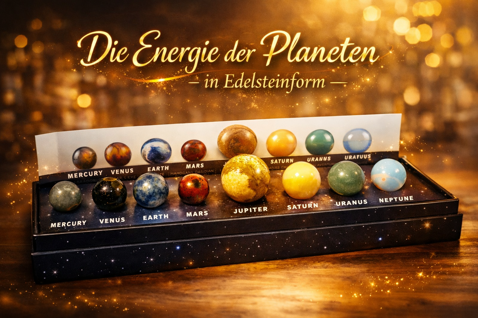 Edelstein‑Planeten (8er Set) in Präsentationsbox – Deko‑Set aus echten Mineralien