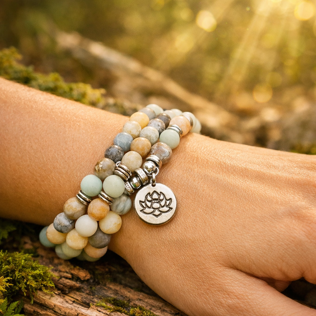 Amazonite Mala elastic with Lotus - Balance · Energy · Mindfulness