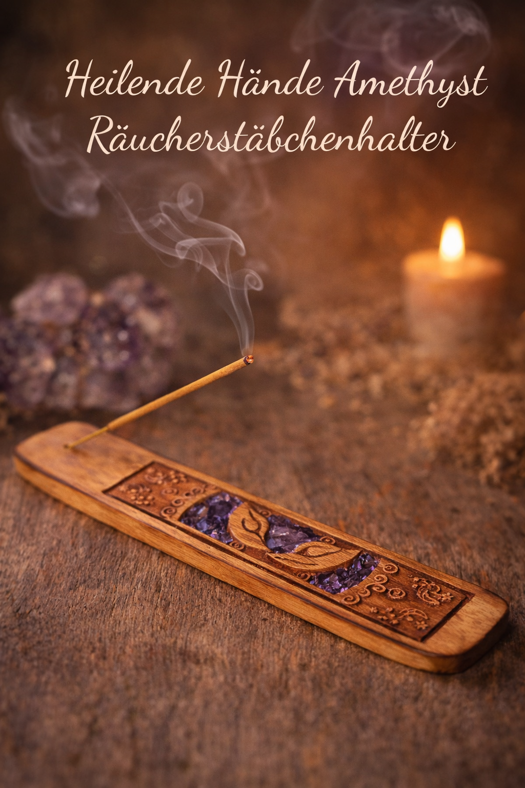 Räucherstäbchenhalter Heilende Hände Amethyst -- 15,5x5cm