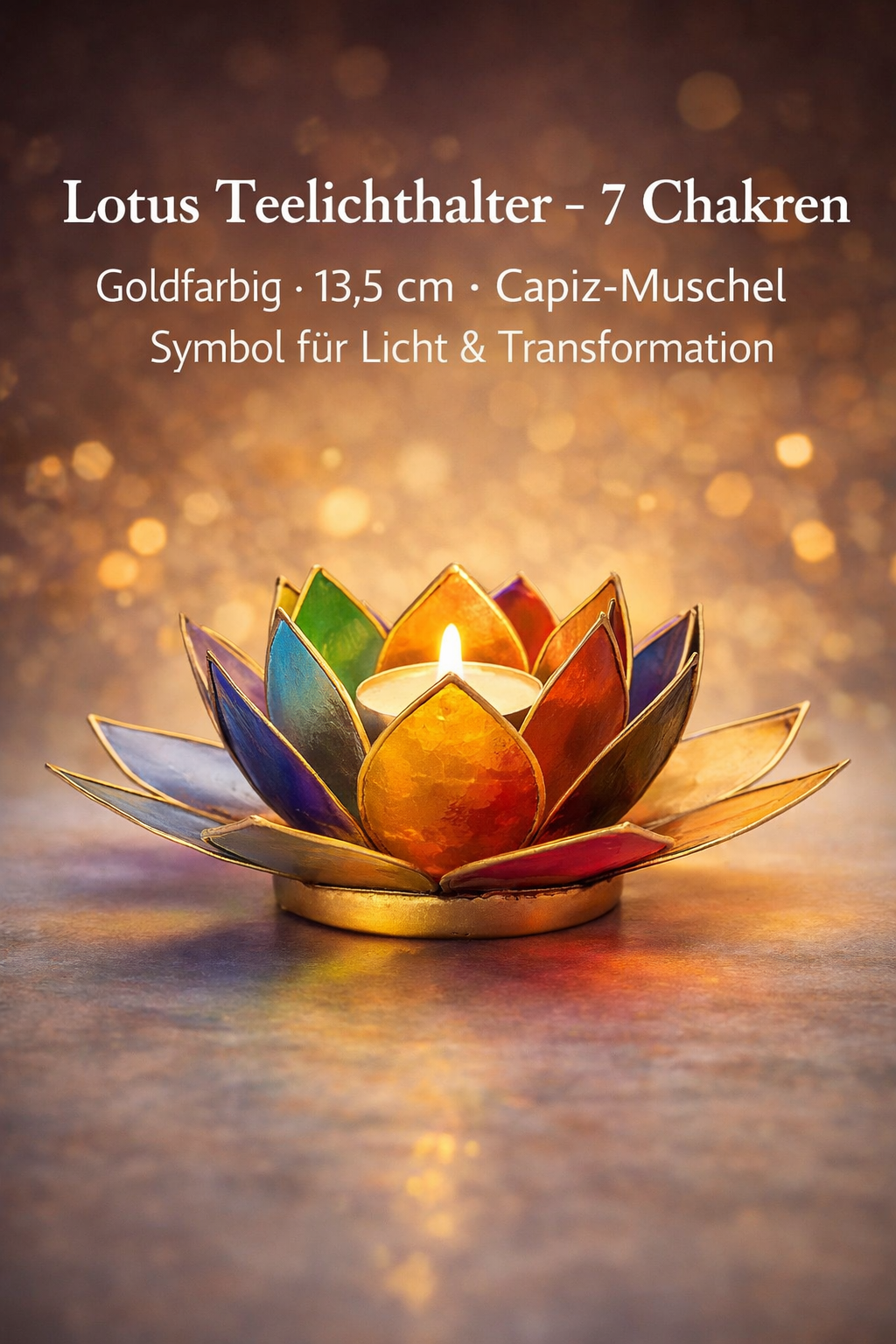 Lotus Teelichthalter 7 Chakren goldfarbig -- 13.5 cm