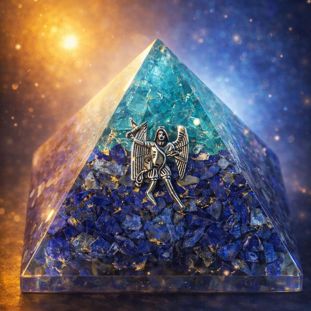 Orgonit‑Pyramide Lapislazuli & Aquamarin mit Engel Michael