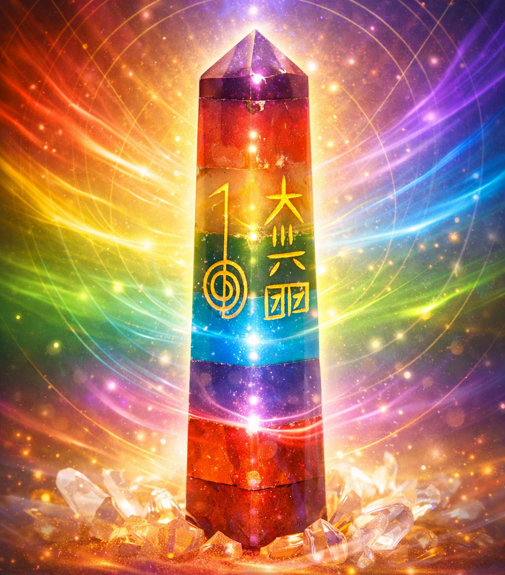 Chakra‑Obelisk mit Usui‑Reiki‑Symbolen