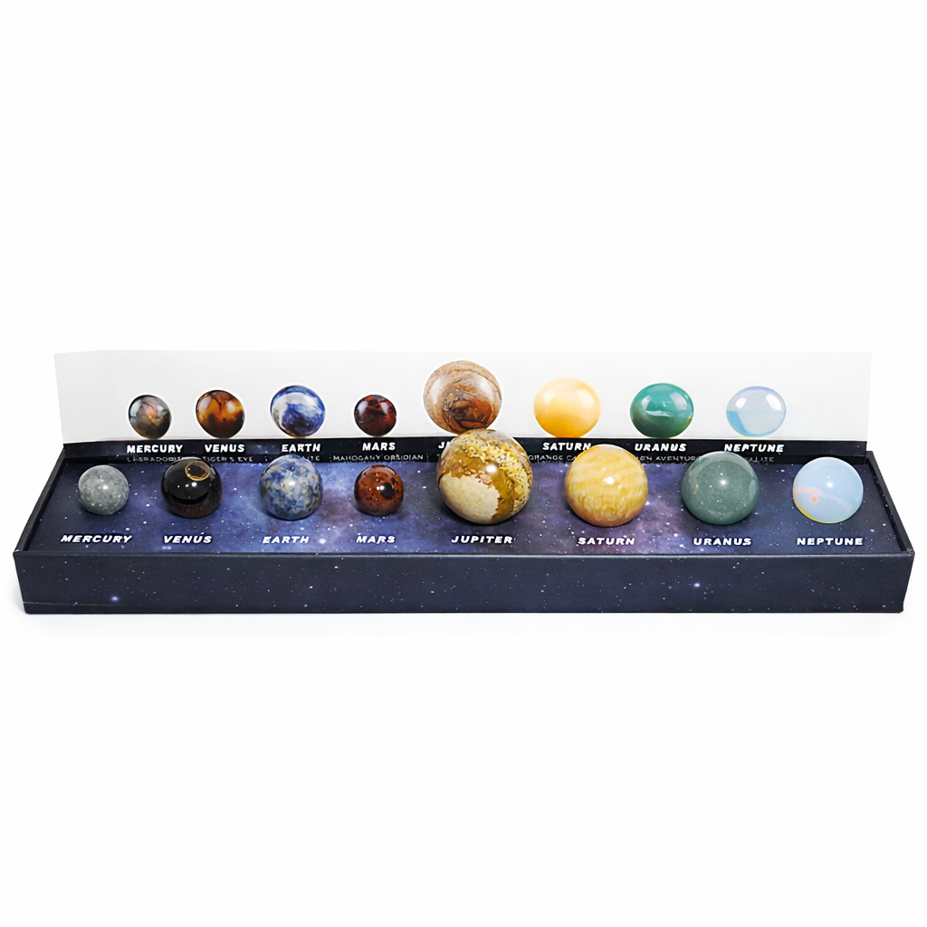 Edelstein‑Planeten (8er Set) in Präsentationsbox – Deko‑Set aus echten Mineralien