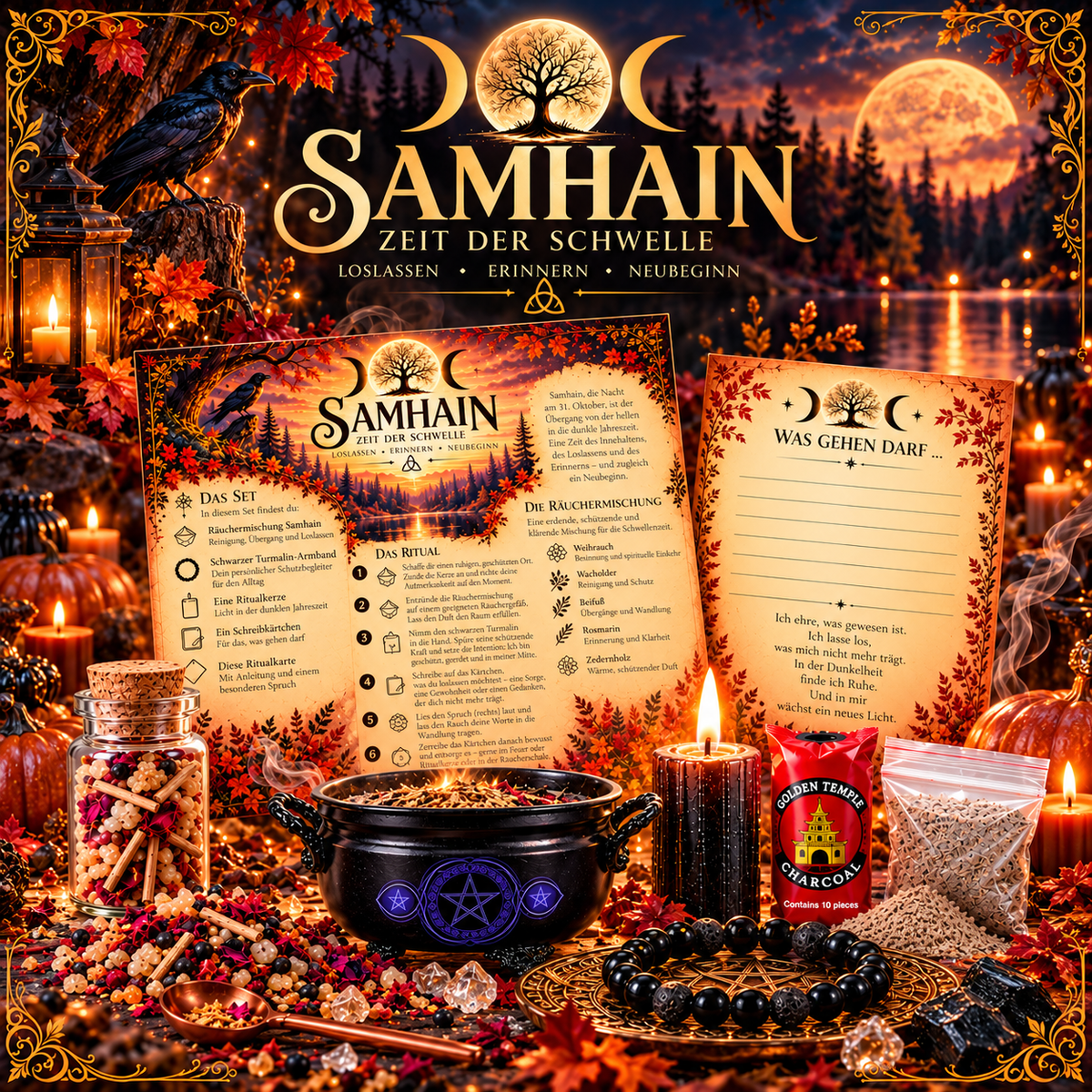 Samhain Ritualset – Loslassen & Neubeginn mit Räucherwerk, Schutzarmband & Ritualkarten