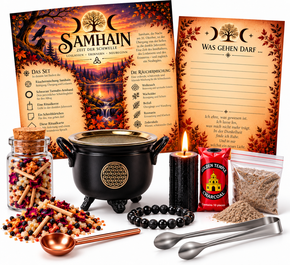 Samhain Ritualset – Loslassen & Neubeginn mit Räucherwerk, Schutzarmband & Ritualkarten