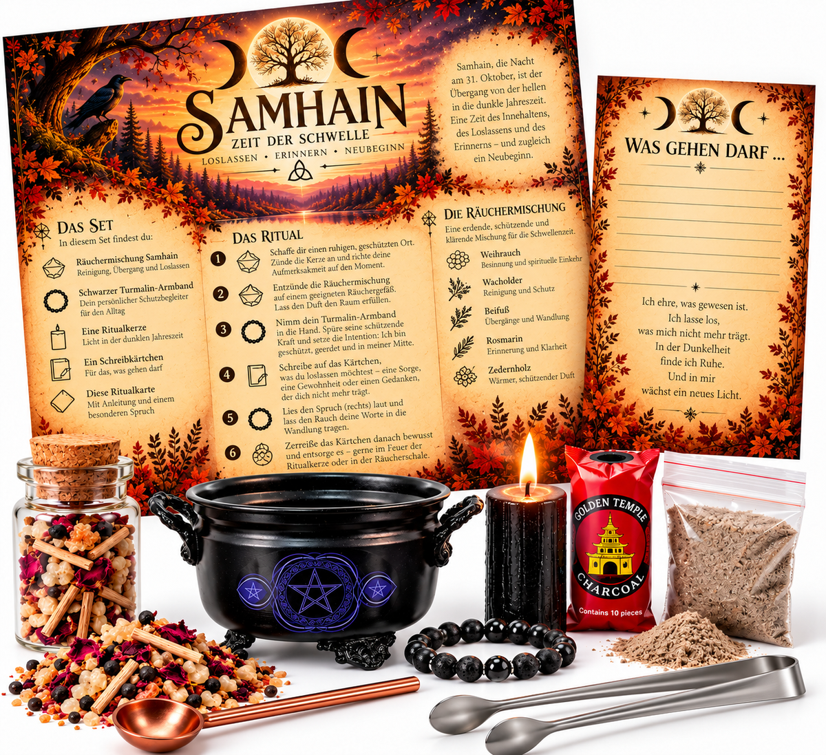 Samhain Ritualset – Loslassen & Neubeginn mit Räucherwerk, Schutzarmband & Ritualkarten