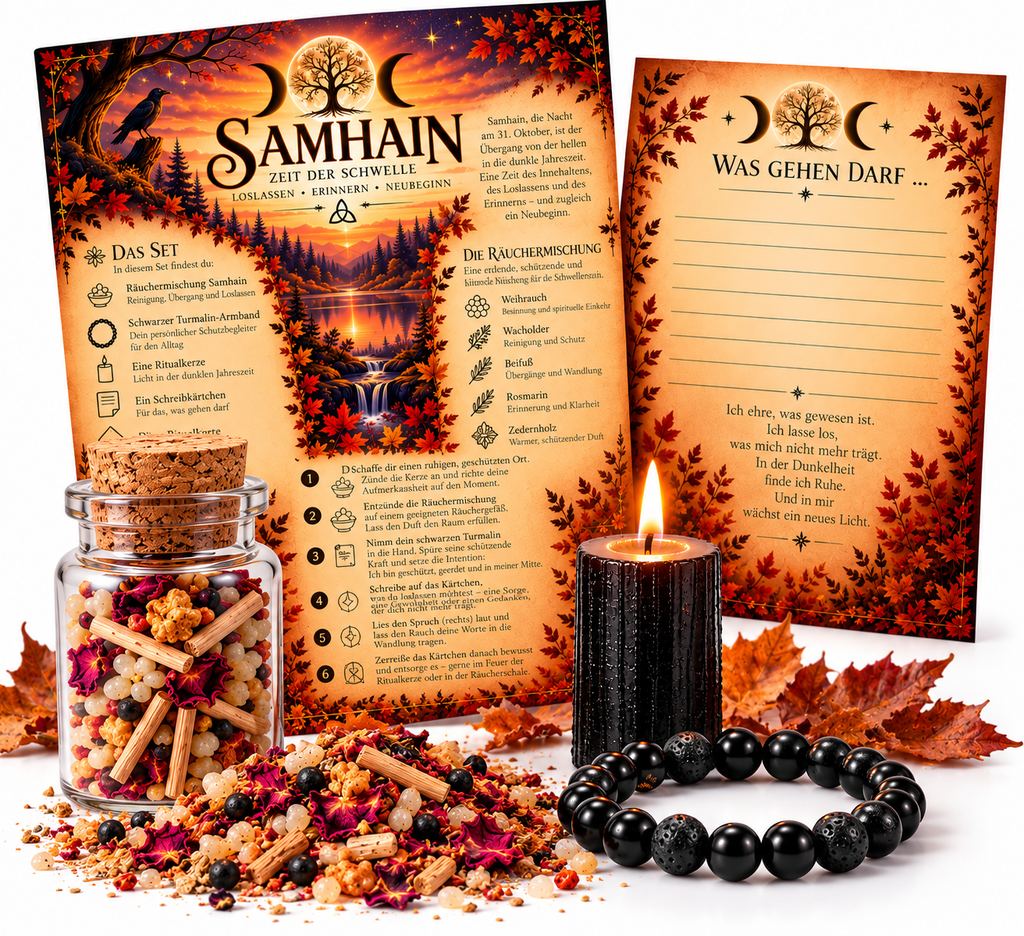 Samhain Ritualset – Loslassen & Neubeginn mit Räucherwerk, Schutzarmband & Ritualkarten
